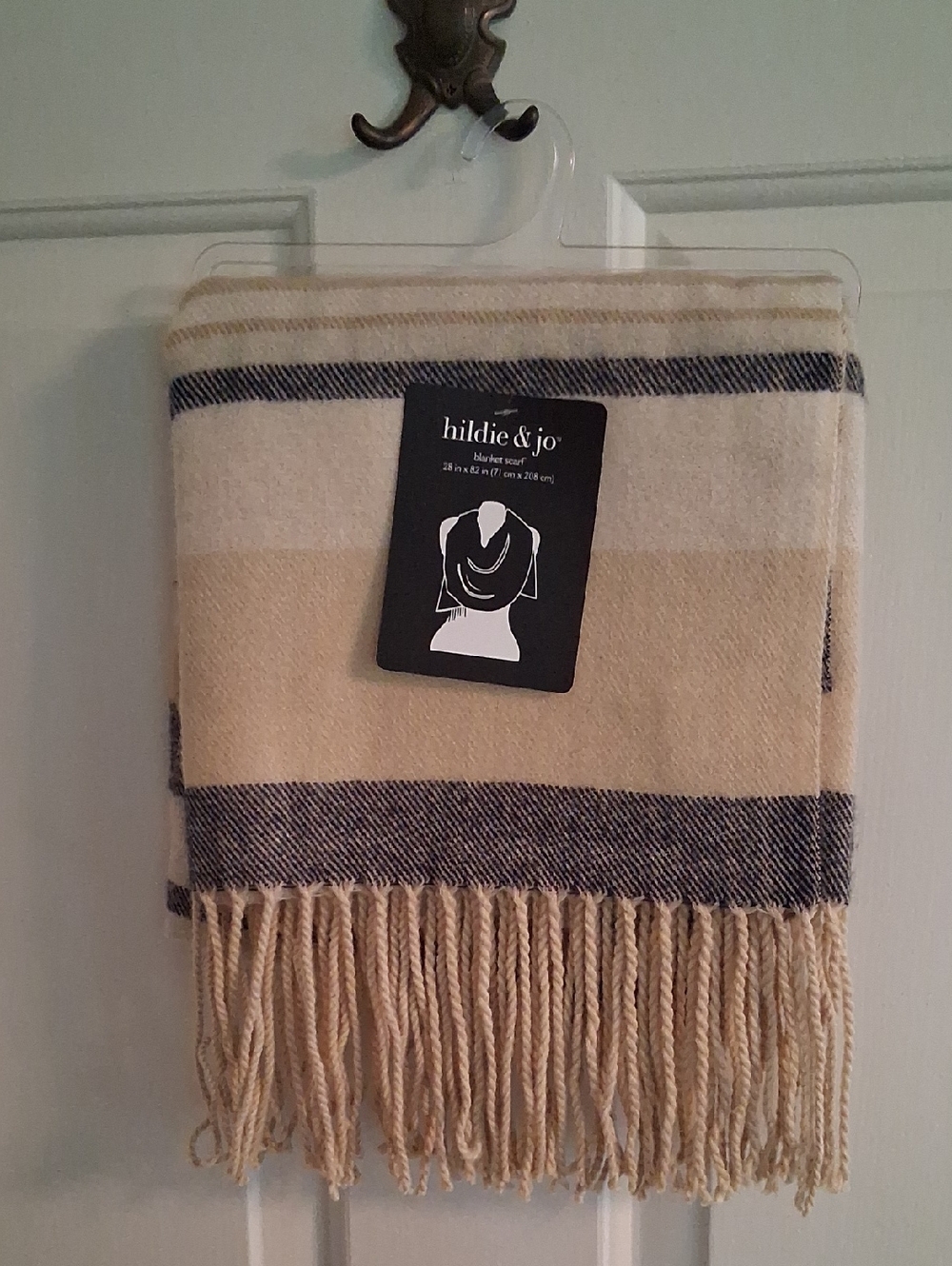 hildie & jo Beige and Navy Stripe Fringe Scarf